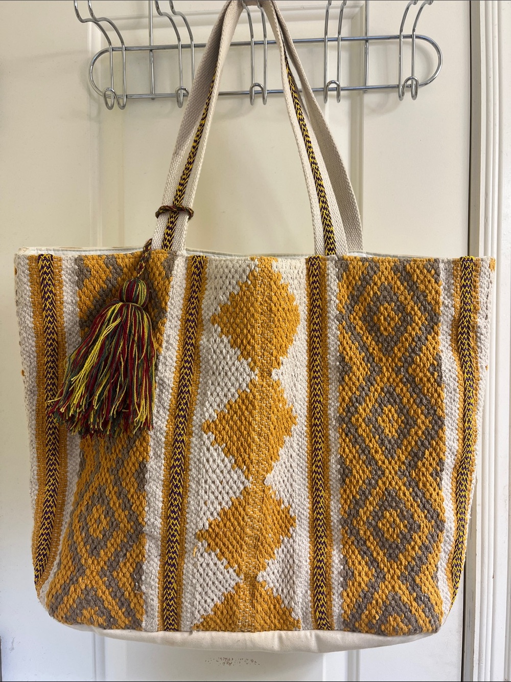 Yellow & Cream Geometric Tassel Tote Bag